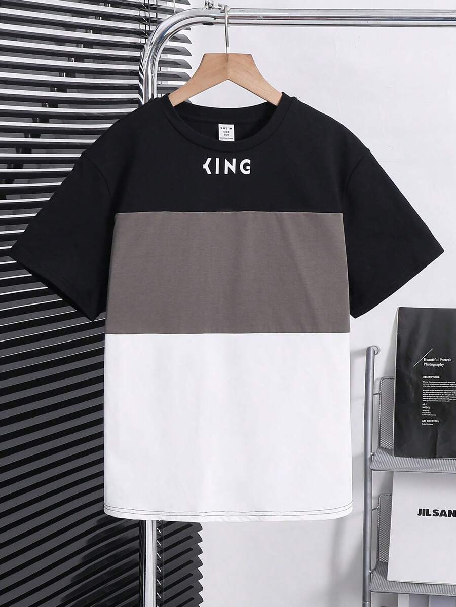 青少年男童休闲日常百搭舒适字母拼布撞色印花图案宽松圆领短袖针织 T 恤 - 彩色 - 查看 1