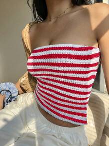 SHEIN PETITE 女士夏季休闲百搭针织条纹抹胸 - 紅色 - 查看 3