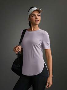Easithlete 女式夏季简约圆领弧形下摆运动T恤健身衫 - 紫丁香色 - 查看 9