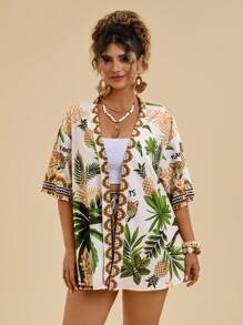 Travachic Set da 2 pezzi per taglie comode, adatto per le vacanze estive: camicia stampata con alberi di cocco e pantaloncini