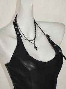 SHEIN ICON 女士纯色简约细肩带露背 PU 皮革 Y2K 短款上衣，酒红色，适合节日、派对、新年和休闲穿着 - 黑色 - 查看 7