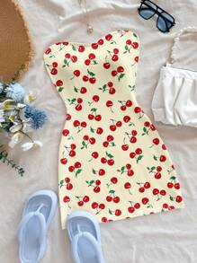 Soleia Vestido corto tipo camisola de ajuste ceñido con estampado de cerezas para mujer, informal, apropiado para vacaciones de verano