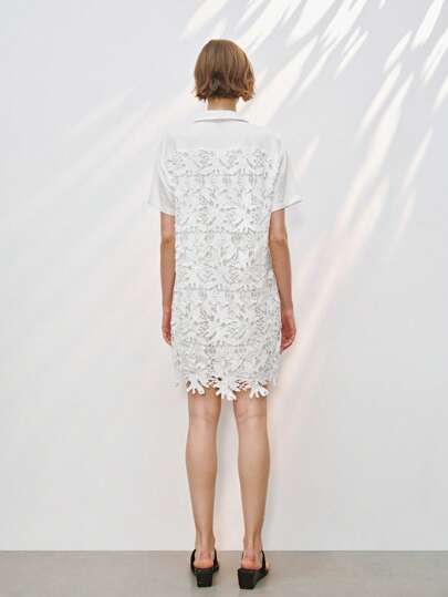 Lumivelle Women's Solid Color Lace Patchwork Short Shirt Dress