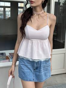 SHEIN MOD Top de verano para mujer con encaje en contraste de color rosa - Rosa - Ver 1