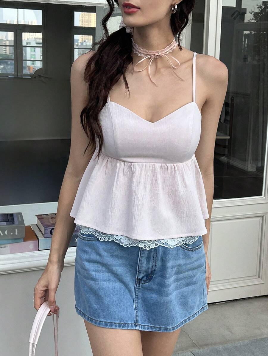 SHEIN MOD Top de verano para mujer con encaje en contraste de color rosa - Rosa - Ver 1