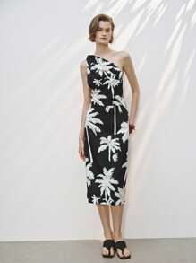 Lumivelle Women's Elegant Resort Slit Palm Tree Plant Print One Shoulder Dress - Black - View 3