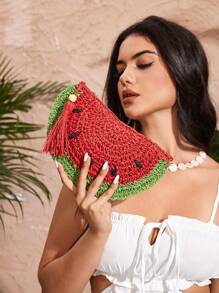 SHEIN SXY 女士，女式手拿包，草编包，时尚，优雅，简约，个性，百搭，西瓜造型，水果造型，适合海滩，度假，节日，夏季，海边