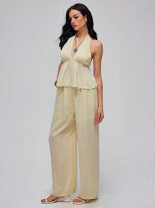 Roylia Vacation Casual Style Halter Top & Wide Leg Striped Pants Set For Women - Yellow - View 4