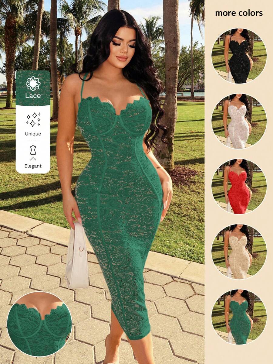SHEIN SXY 法式优雅白色蕾丝连衣裙、白色礼服、紧身胸衣连衣裙、细肩带连衣裙 - 墨綠色 - 查看 1