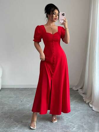 Rafferiza 方领泡泡袖收腰纽扣前开叉性感连衣裙