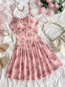 SHEIN Floral Fabric Bow Teenage Girl Holiday Dress, Elegant Vacation Chiffon Dress, Suitable For Beach, Vacation, Outing - Pink - View 1