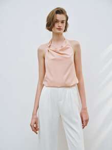 Lumivelle Women's Solid Color Drape Neck Backless Sleeveless Shirt, Summer - Baby Pink - View 4