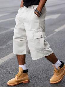 Manfinity Hypemode Fashionable Casual Beige Men's Cargo Loose 3/4 Pants With Pockets, Street Style, Y2k - Beige - View 6