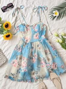 DAZY Ditsy Floral Cinched Waist Cami Dress, Women Casual Beach Holiday Dress Cruise Women Outfits,Ruffle Vacation - Mint Blue - View 9