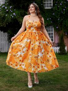 Flirla Neues Sommerkleid, elegantes Urlaubskleid mit französisch-romantischem Van Gogh Sonnenblumen Blume Muster, Neckholder, Bindetaille und fließendem Rock - Verschiedenfarbig - Übersicht 6