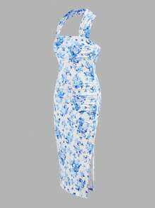 SHEIN Girlism 青少年女孩休闲简约系带碎花束腰无袖连衣裙 - 藍色 - 查看 5