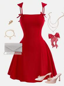 Girlism Elegant Cute Teen Girls Sleeveless Bowknot Tight Mini A-Line Fit&Flare Dress, Suitable For Dates, Easter, Prom, Wedding Guest, Graduation, 520 Celebration, Rave Outfit - Red - View 1