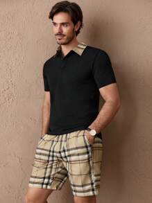 HIMLAND Ensemble De Chemise Polo Tricotée Patchwork À Carreaux Pour Hommes Avec Un Short Tissé