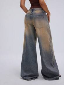 TRNVIE Jeans anchos de mujer informales con lavado ácido, bolsillos de ángulo y piernas anchas
