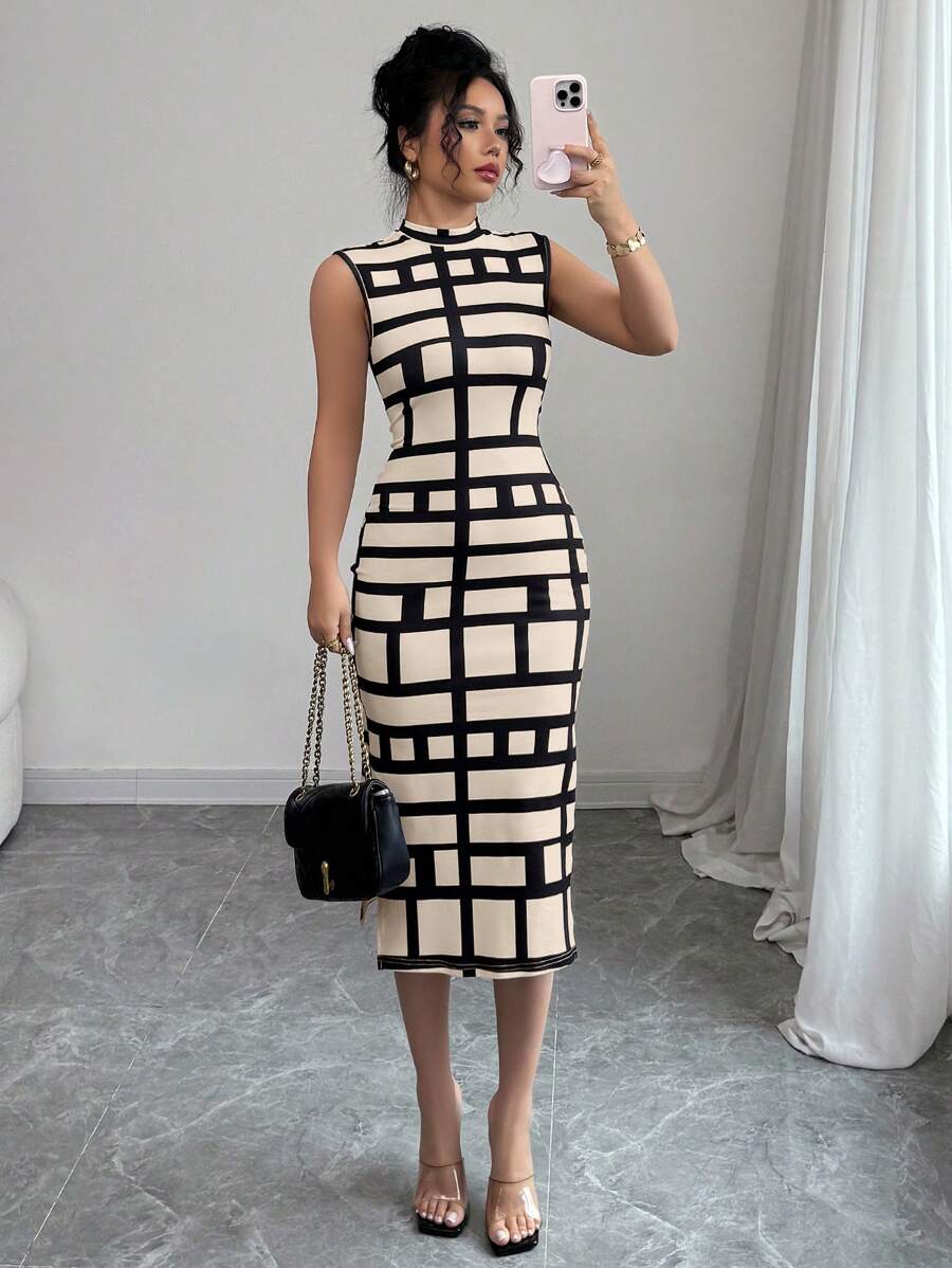 Elenzga 女式休闲通勤印花立领连衣裙 - 卡其色 - 查看 1