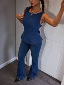 Jeanoix Backless Tie Bow Distressed Denim Blouse - Dark Wash - View 4