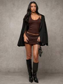 SHEIN BAE Brown Asymmetrical Halter Crop Top With Gold Chain Detail For Women,Summer Tops - Coffee Brown - View 5