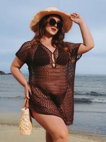 Elaquor Plus Size Country Concert Outfit Solid Color Hollow-Out Knit Bikini Cover-Up, Vacation & Beach, Holiday Clothes, Vacation Outfits Woman, Festival - Coffee Brown - View 3