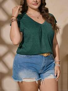 INAWLY 大码女式休闲纯色 V 领蝴蝶袖 T 恤 - 綠色 - 查看 5