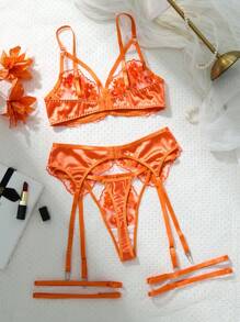 SHEIN Conjunto de 3 piezas de lencería sexy bordada para mujer, para primavera/verano