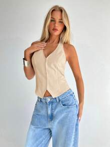 Aloruh 女士性感U领钩花露背吊带上衣 - 卡其色 - 查看 4