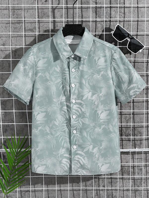Tween Boy Casual Vacation Coconut Tree Jacquard Stylish Soft Fabric Polo Shirt Suitable For Commuting, School, Everyday Casual Wear, Sports, Spring/Summer Season