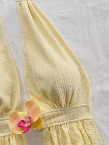 Soleia 女式度假金丝雀黄色针织纹理垂坠领露背系带蝴蝶结修身性感背心，适合派对、约会、下午茶、海滩、夏季 - 黃色 - 查看 5