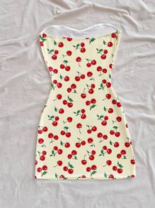 Soleia Vestido corto tipo camisola de ajuste ceñido con estampado de cerezas para mujer, informal, apropiado para vacaciones de verano