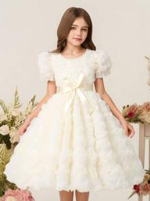 Elegant Girls Solid Color Puff Sleeve 3D Flower Decor Dress With Belt, Summer - Apricot - View 2