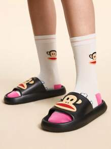 Paul Frank X SHEIN Fashionable & Cute Cartoon Monkey Print Slippers, Lightweight EVA Material, Unisex, Suitable For Year-Round Wear, Men & Women, Spring Summer Autumn Winter, Suitable For Bathing, Home & Outdoor - Black - View 4