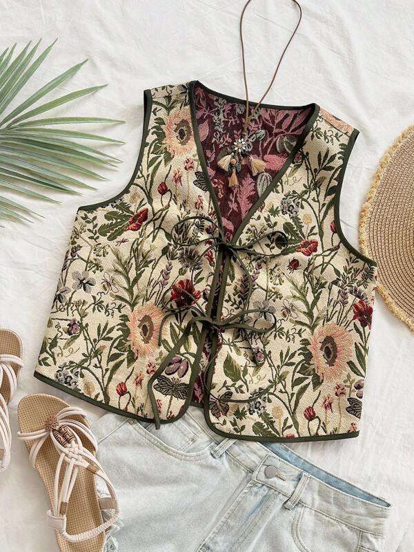 Soleia Camiseta de tirantes de mujer casual de vacaciones con textura de tela jacquard de plantas tropicales vintage y diseño de lazo