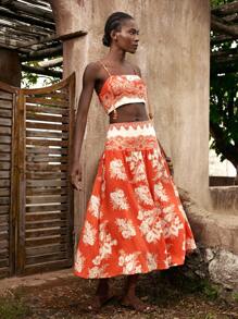 Maija Bộ 2 món gồm áo hai dây và chân váy in họa tiết toàn thân dành cho nữ, thích hợp cho kỳ nghỉ. - Đỏ - Xem 6