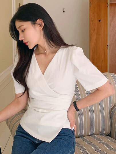 DAZY 女式纯色V领交叉裹身优雅短袖衬衫