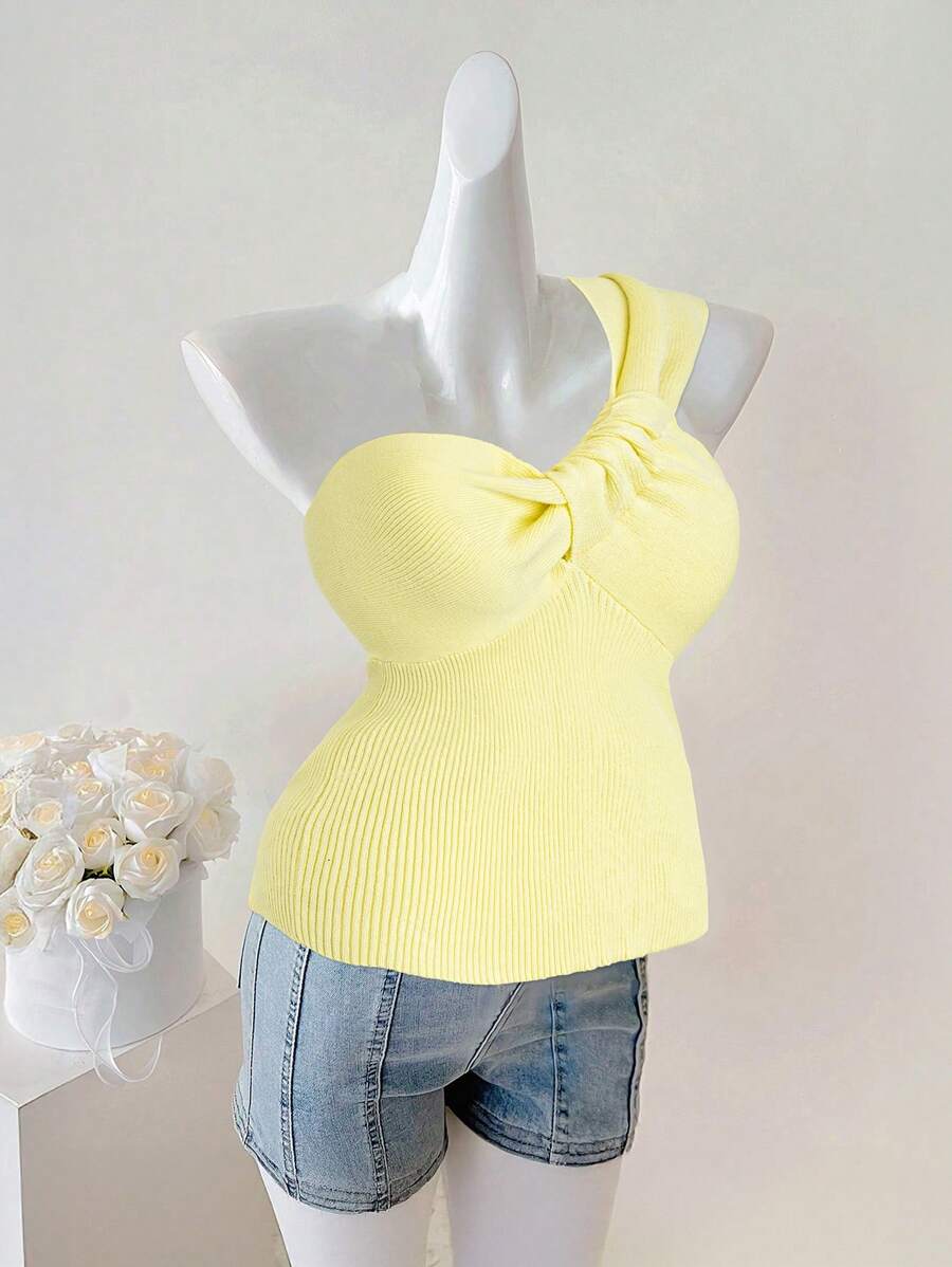 Breezaya 1pc Women's Distinctive Twist Knit Top, Solid Color, Fashionable, Suitable For Summer - Yellow - View 1
