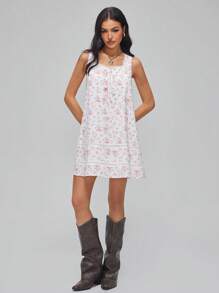 Roylia 夏季女式方领蕾丝边蝴蝶结宽松休闲假日迷你连衣裙 - 彩色 - 查看 3