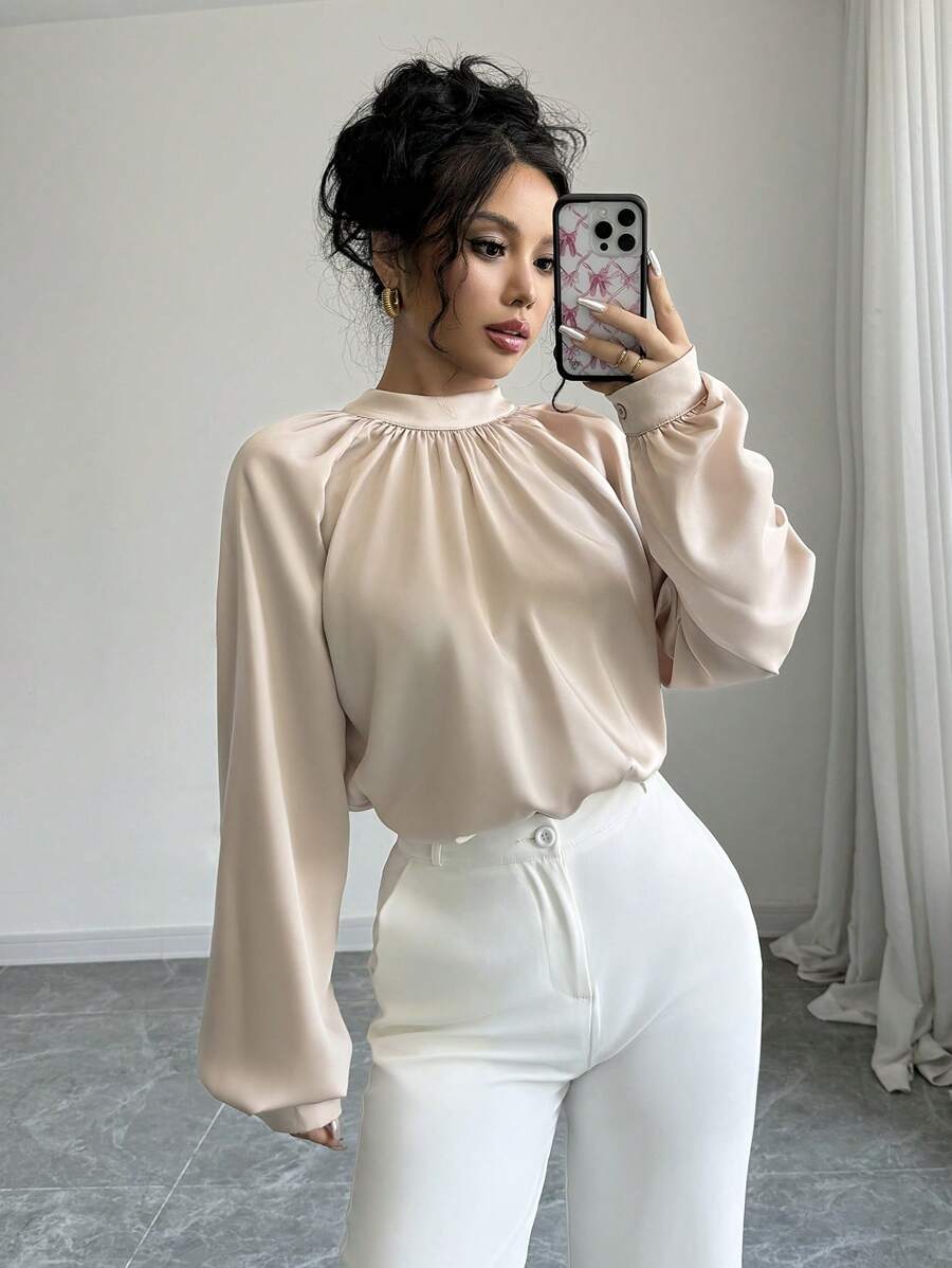 Elenzga Casual Elegant Stand Collar Raglan Sleeve Satin Blouse,Long Sleeve Tops Fall Cloth For Women