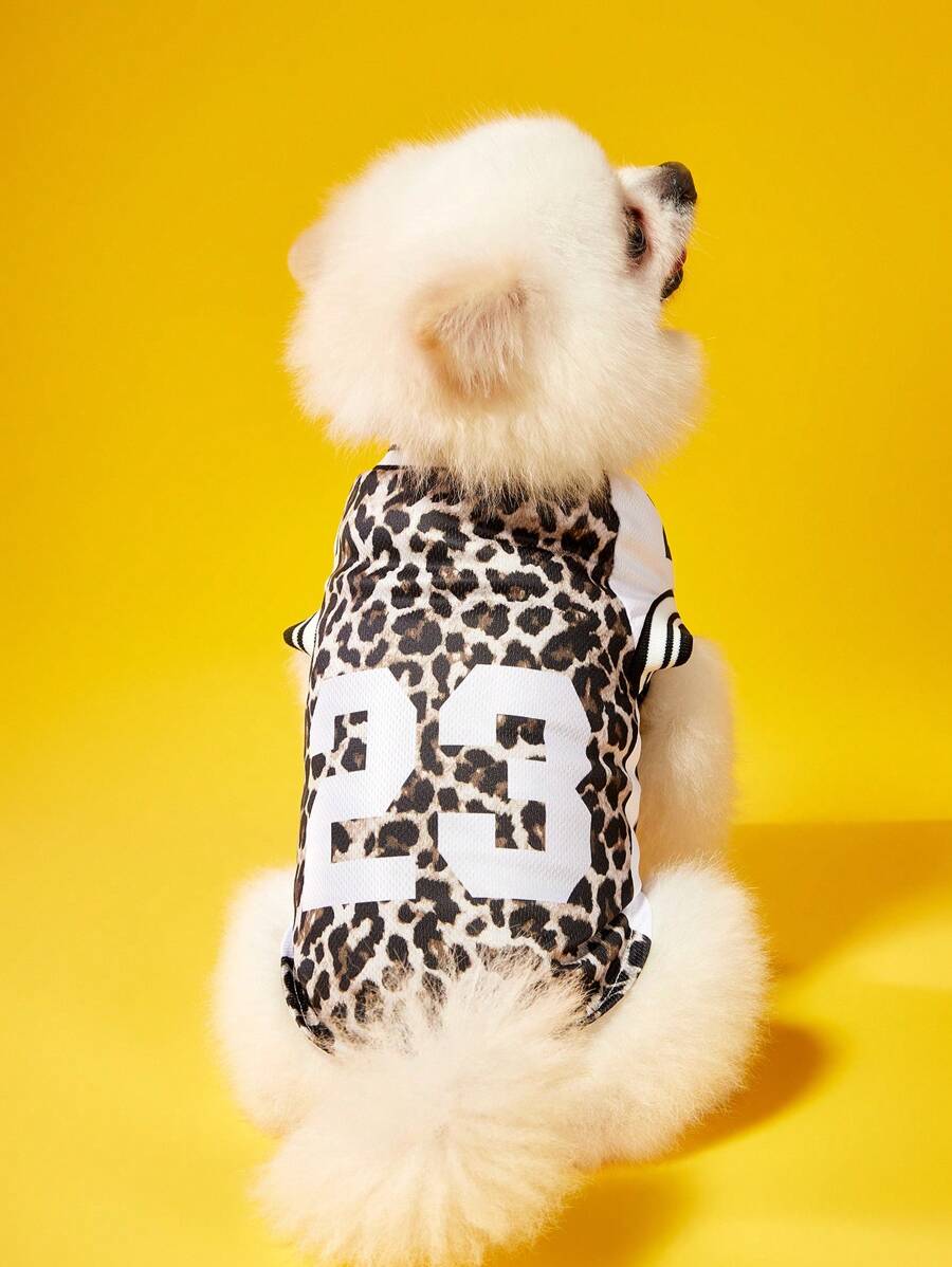 PETSIN 1pc Pet Leopard Print No.23 Jersey With English Text & Numbers, Striped Accent, Ribbed Trim, Comfortable & Fashionable Dog Vest - Multicolor - View 1