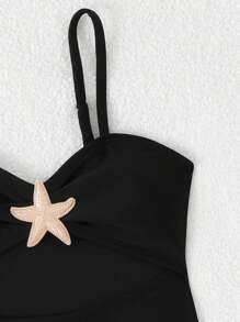 女童连体针织纯色海星装饰泳衣，适合夏季度假、游泳、海滩 - 黑色 - 查看 5