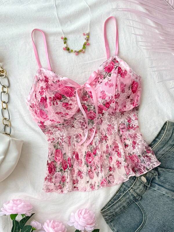 SHEIN Teenager Mädchen Ferien, Spitzenbesatz, Schleife, Spitzendruck Trägershirts, Urlaub Sommer