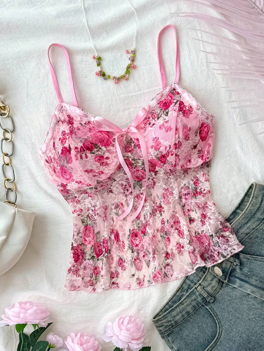 SHEIN 少女节日装、蕾丝边、蝴蝶结、蕾丝印花背心、夏季度假装 - 粉色 - 查看 1