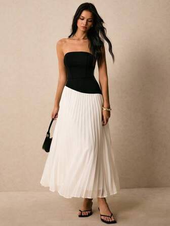 Poéselle Black And White Contrast Dress, Pleated Maxi Dress, Tube Top Maxi Dress, Elegant Dress,Asymmetric Hem Dress,Women's Elegant Contrast Color Ruffle Hem Strapless Dress, Summer,Suitable For Daily Wear, Commuting, Parties, Banquets, Etc.Poeselle