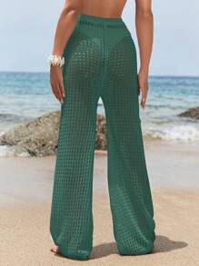 SHEIN Swim Conjunto de cubre y pantalones de ganchillo de unicolor para la playa en vacaciones - Verde Oliva - Ver 2