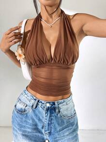 SHEIN EZwear Summer Rave Outfits Festival  Brown Knit Ruched Deep V-Neck Cropped Halter Top For Women - Brown - View 4