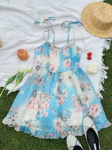 DAZY Ditsy Floral Cinched Waist Cami Dress, Women Casual Beach Holiday Dress Cruise Women Outfits,Ruffle Vacation - Mint Blue - View 10