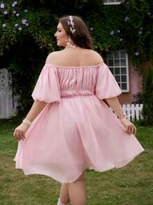Flirla Plus Size Casual Vacation Retro Girl Waistband Off-Shoulder Ruffle Puff Sleeve Knee-Length Dress - Pink - View 2